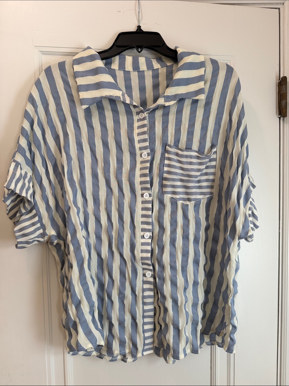 SHEIN Striped Short-Sleeve Button-Up in Blue & White